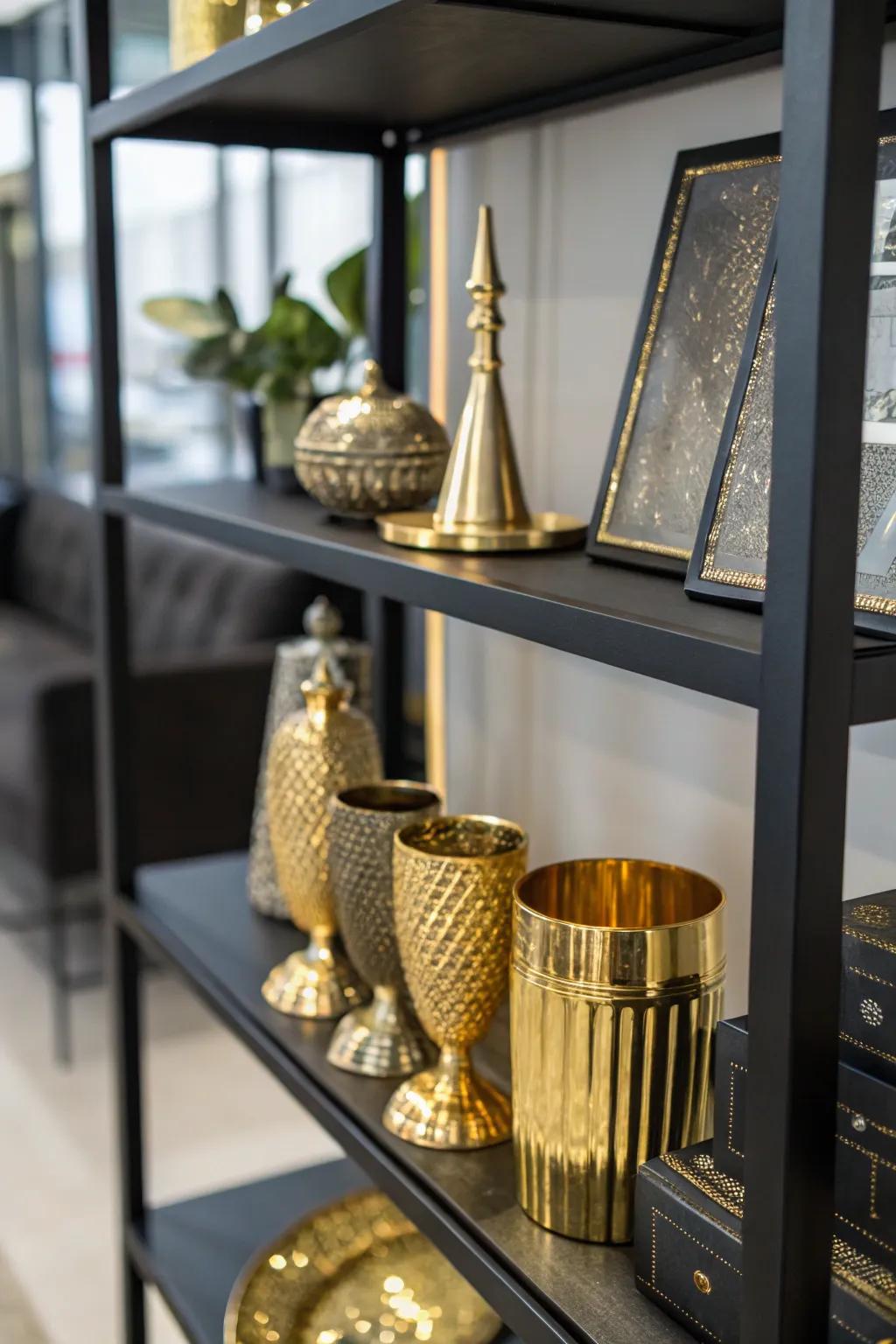 Metallic décor items bestowing glamour upon a black shelf.