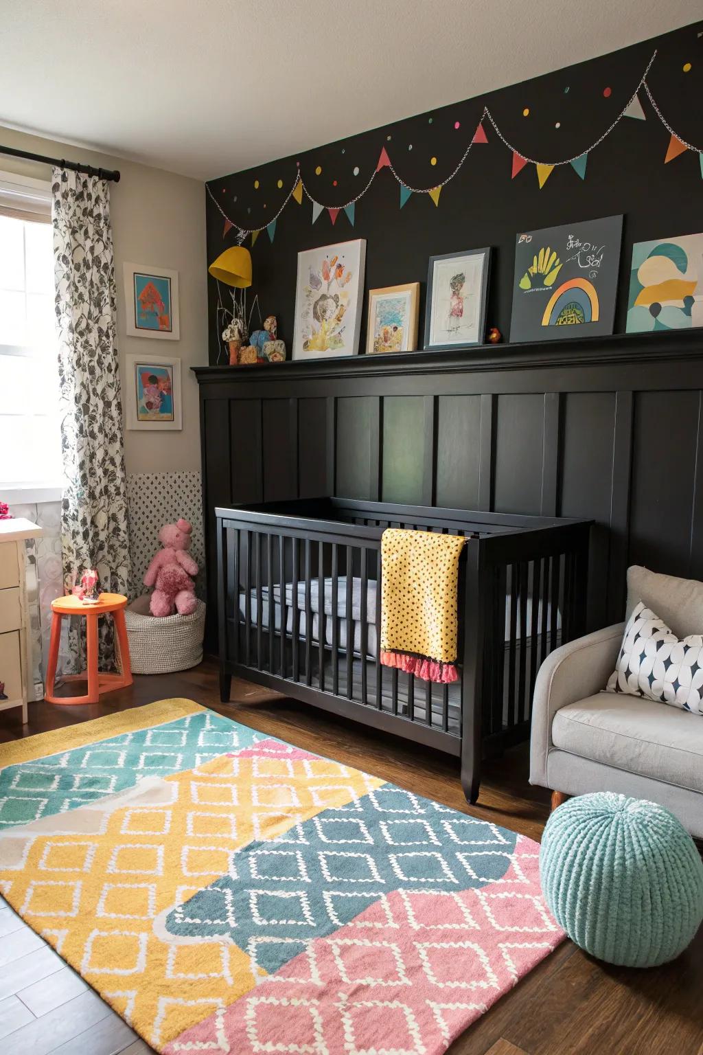 Chic infant chamber featuring contemporary dark wainscoting.
