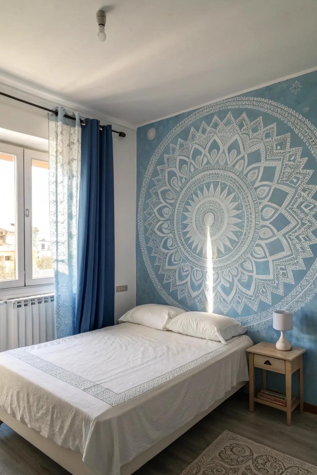 A discreet wall painting develops a focal point in a blue and white bedroom.