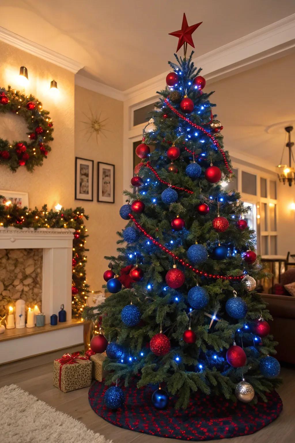 A bold and vibrant azure and crimson Christmas tree.
