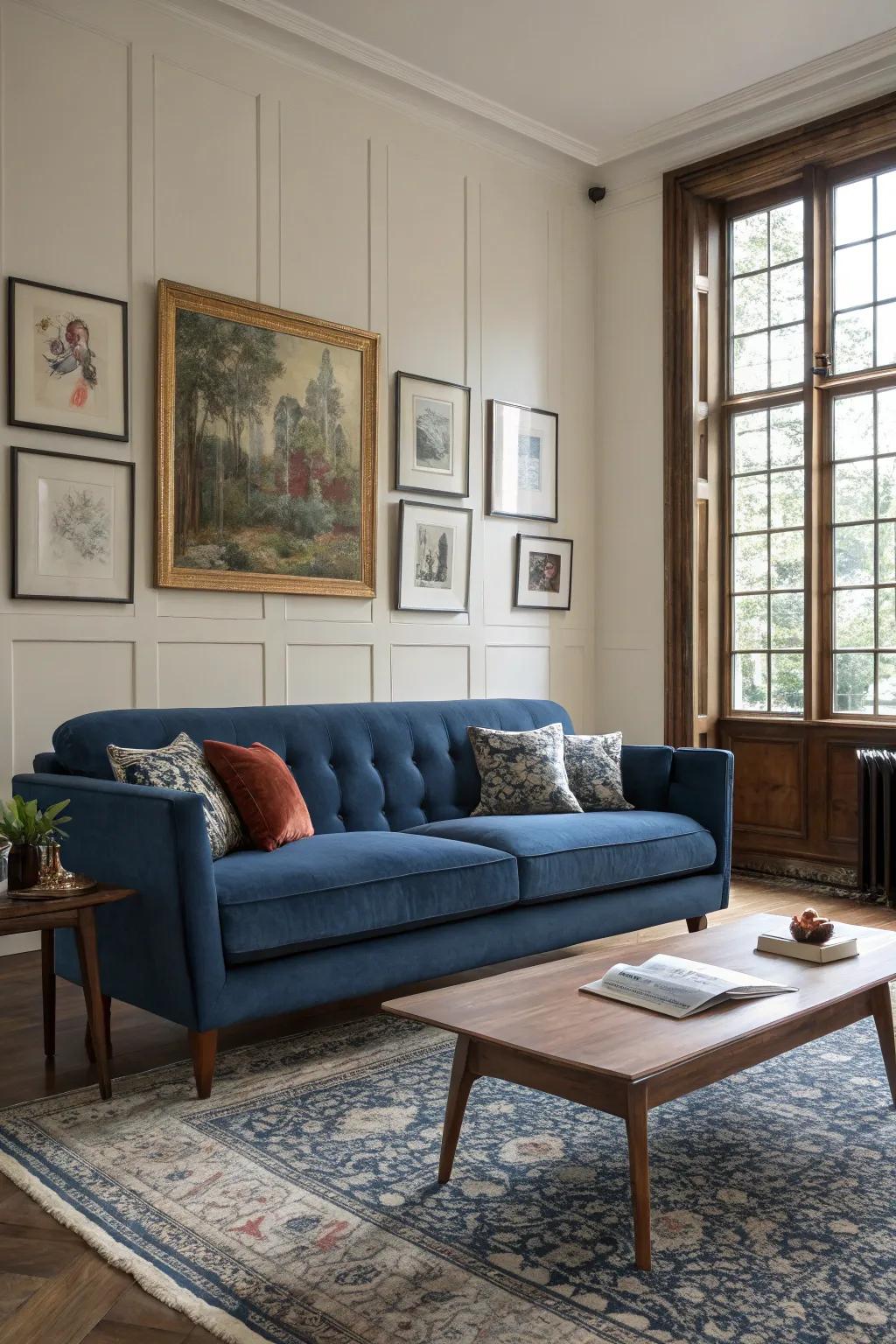 A harmonious living area is created by fusing contemporary and traditional designs.