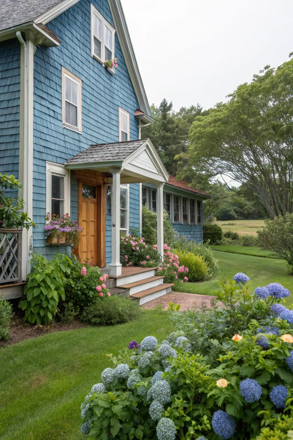 Textured cladding adds depth and interest to blue homes.