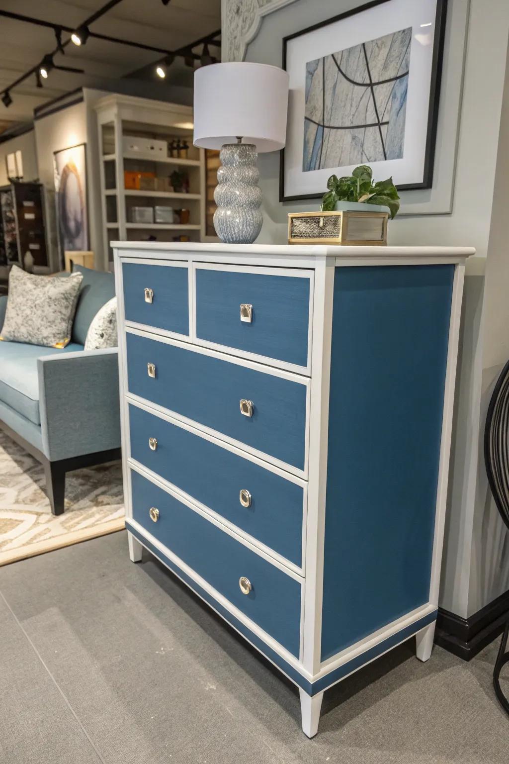A blue dresser featuring white accents, delivering a classic contrast.