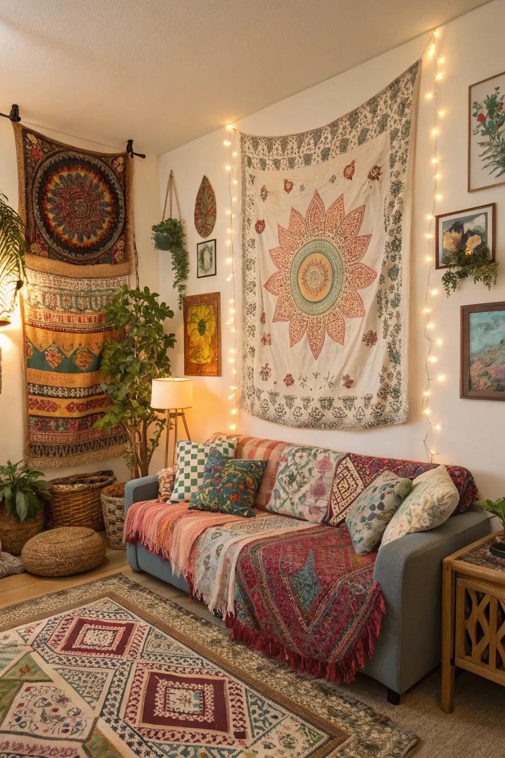 Layered designs inject vibrancy and depth into a bohemian room.