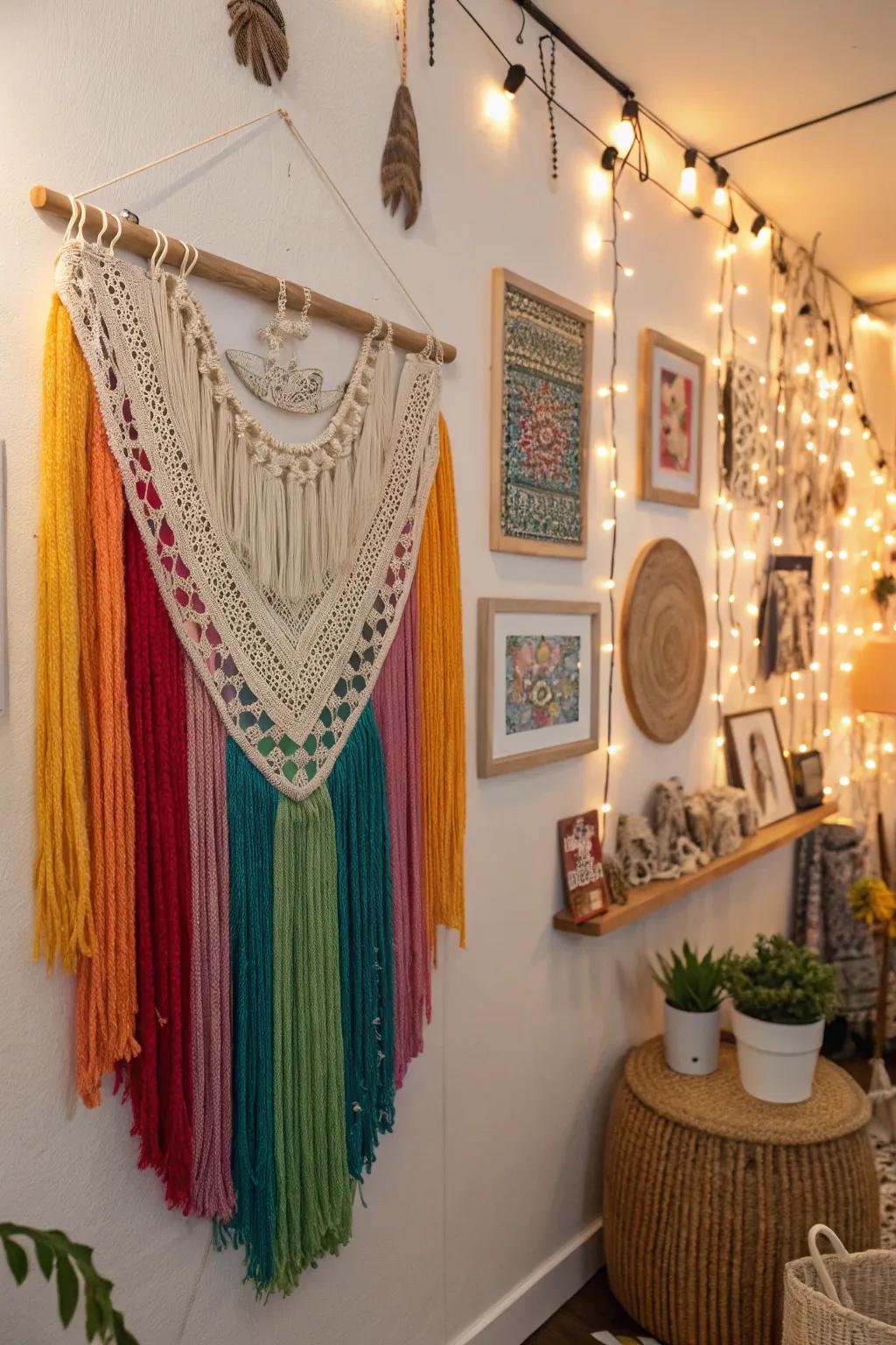 Texture and bohemian style are layered into this wall through the introduction of fringes and macramé.