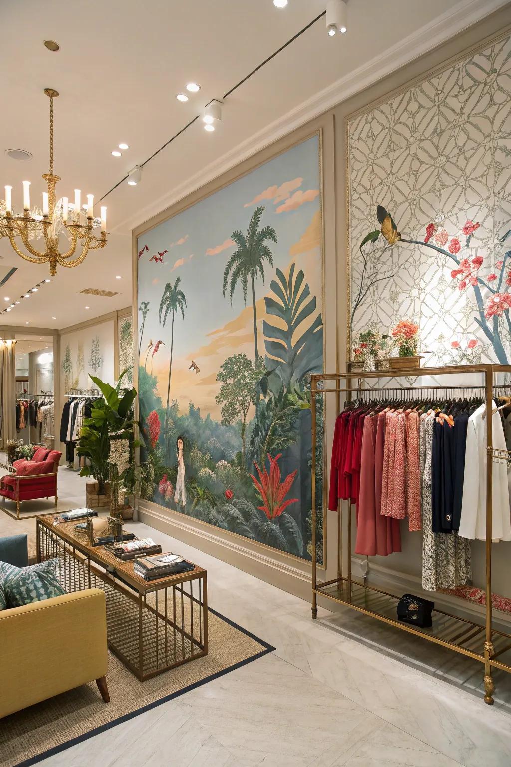 A boutique design featuring a stunning painted wall art, adding depth and visual interest to the space.