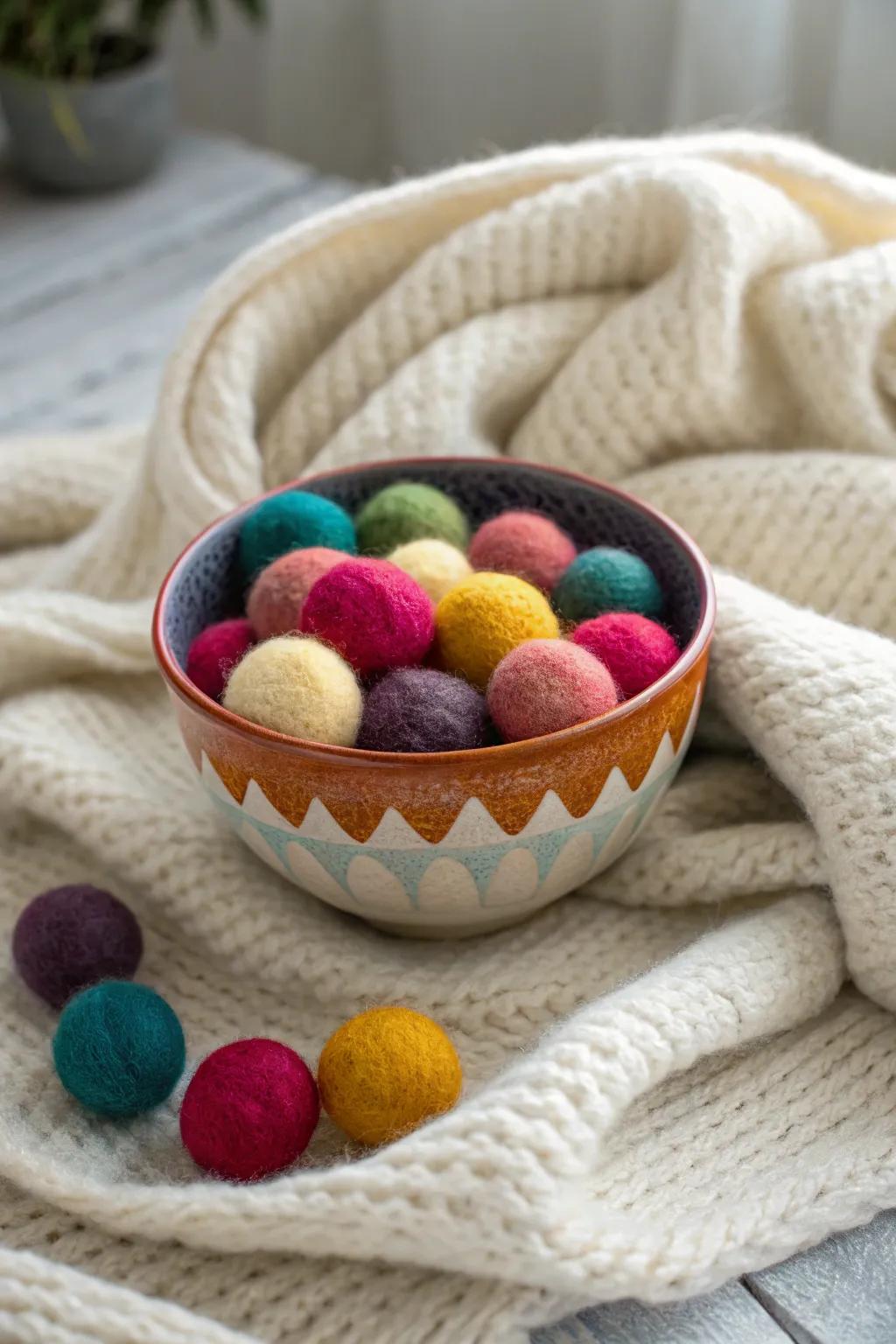 A warm and inviting bowl filled with felted wool balls in an array of colors