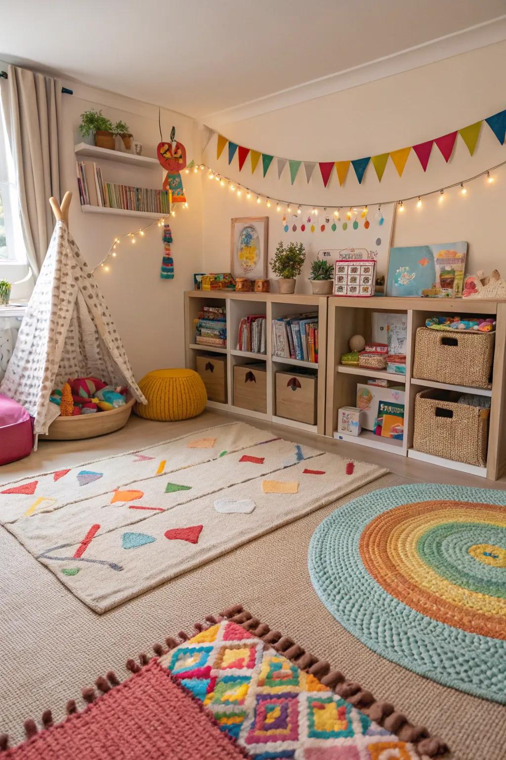 Layered floor coverings aid in zone definition and contribute warmth.