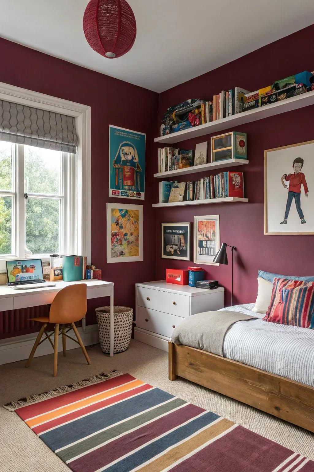 Berry tones create a dynamic and versatile space.