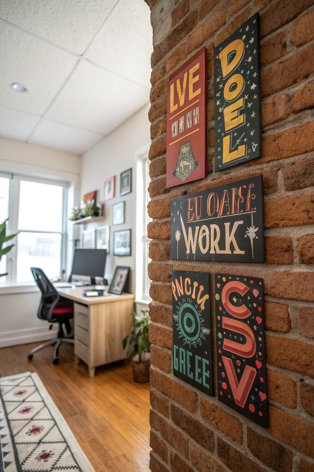 Lettering artistry with motivational quotes on a brick wall.
