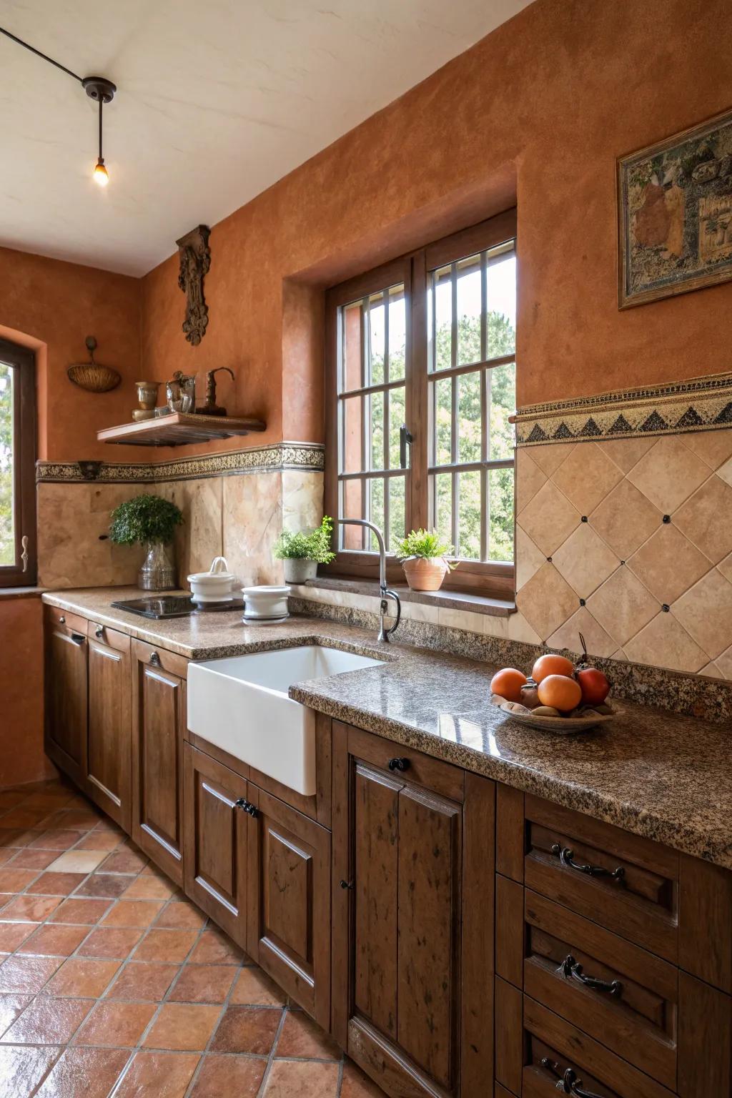 Terra cotta walls evoke warmth and rustic charm alongside brown granite.