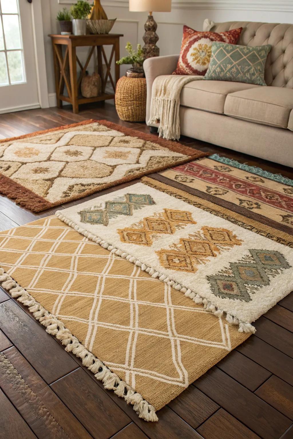 Arranged carpets give a comforting base in a brown-themed area.