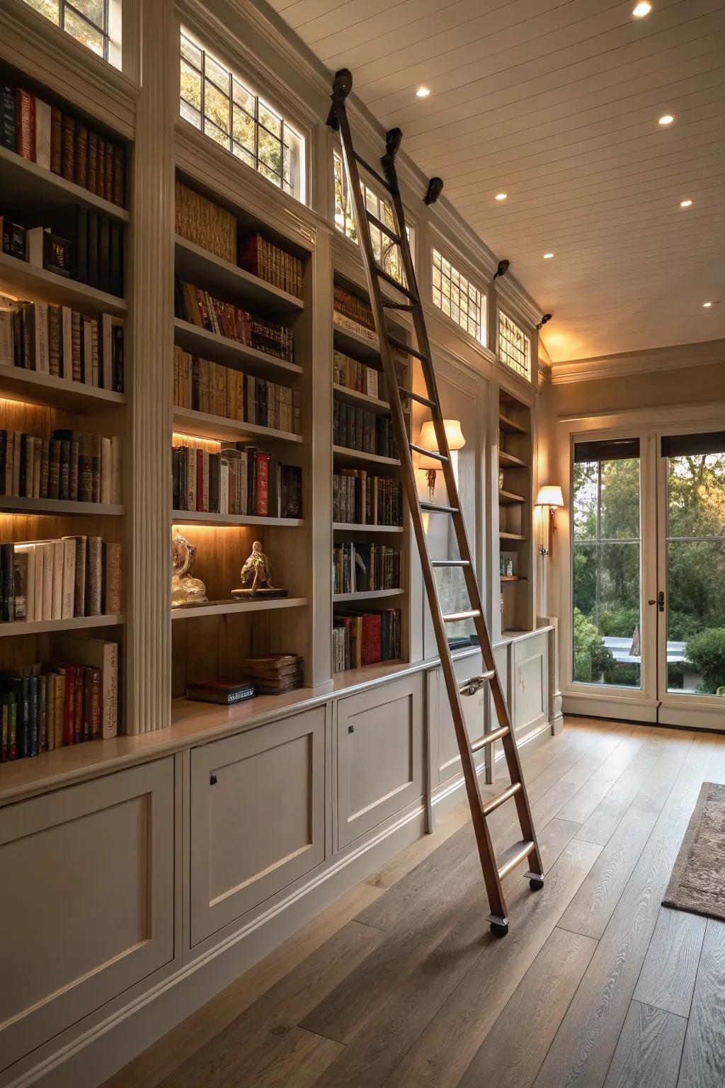 A rolling ladder enhances charm and accessibility to tall bookshelves.
