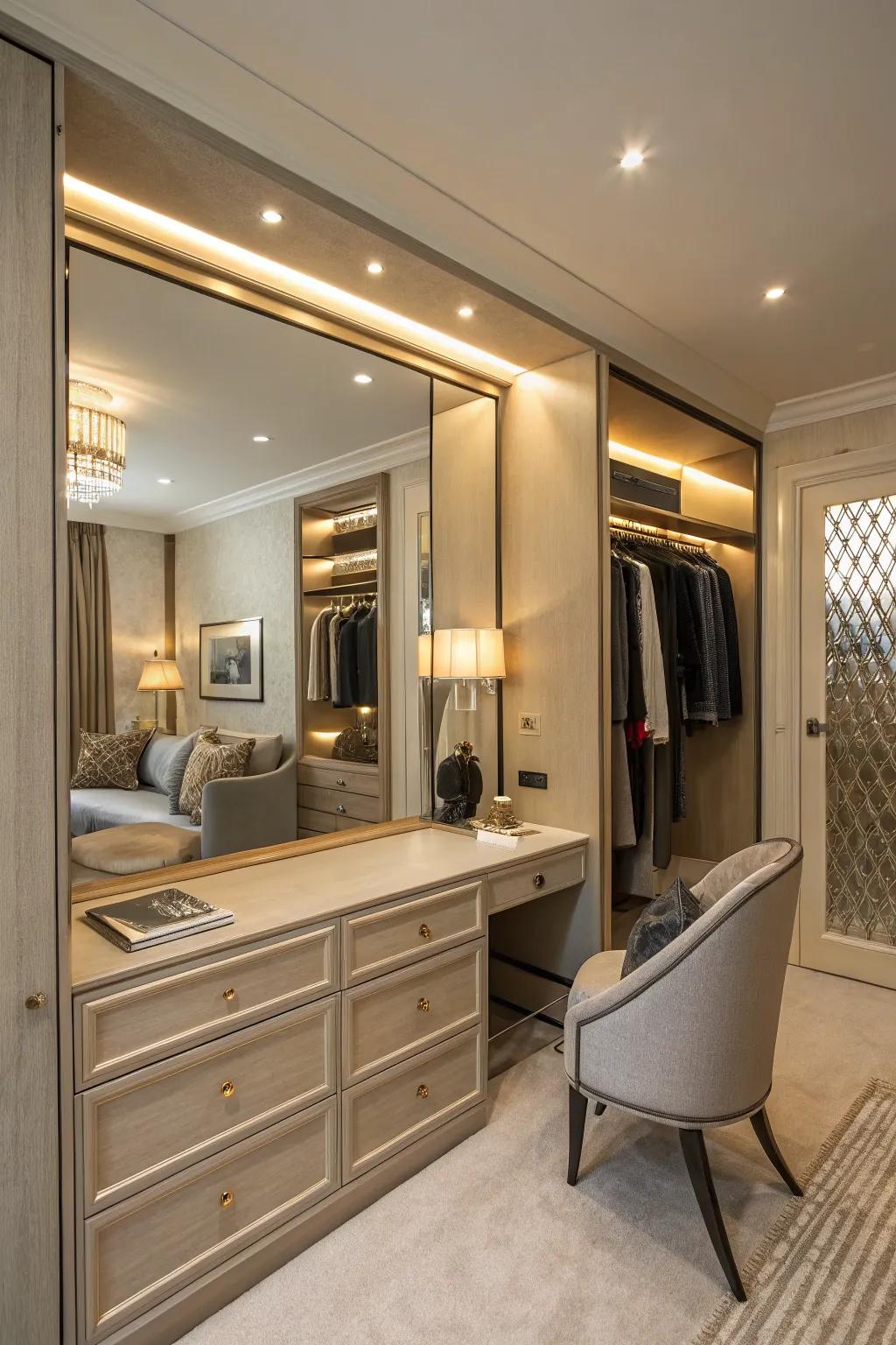 A mirrored dressing nook adds luxury to your wardrobe setup.