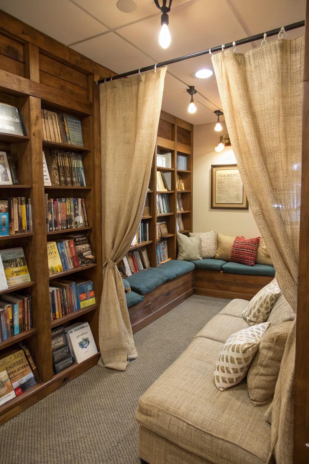 Cozy appeal with burlap drapes in a reading nook.