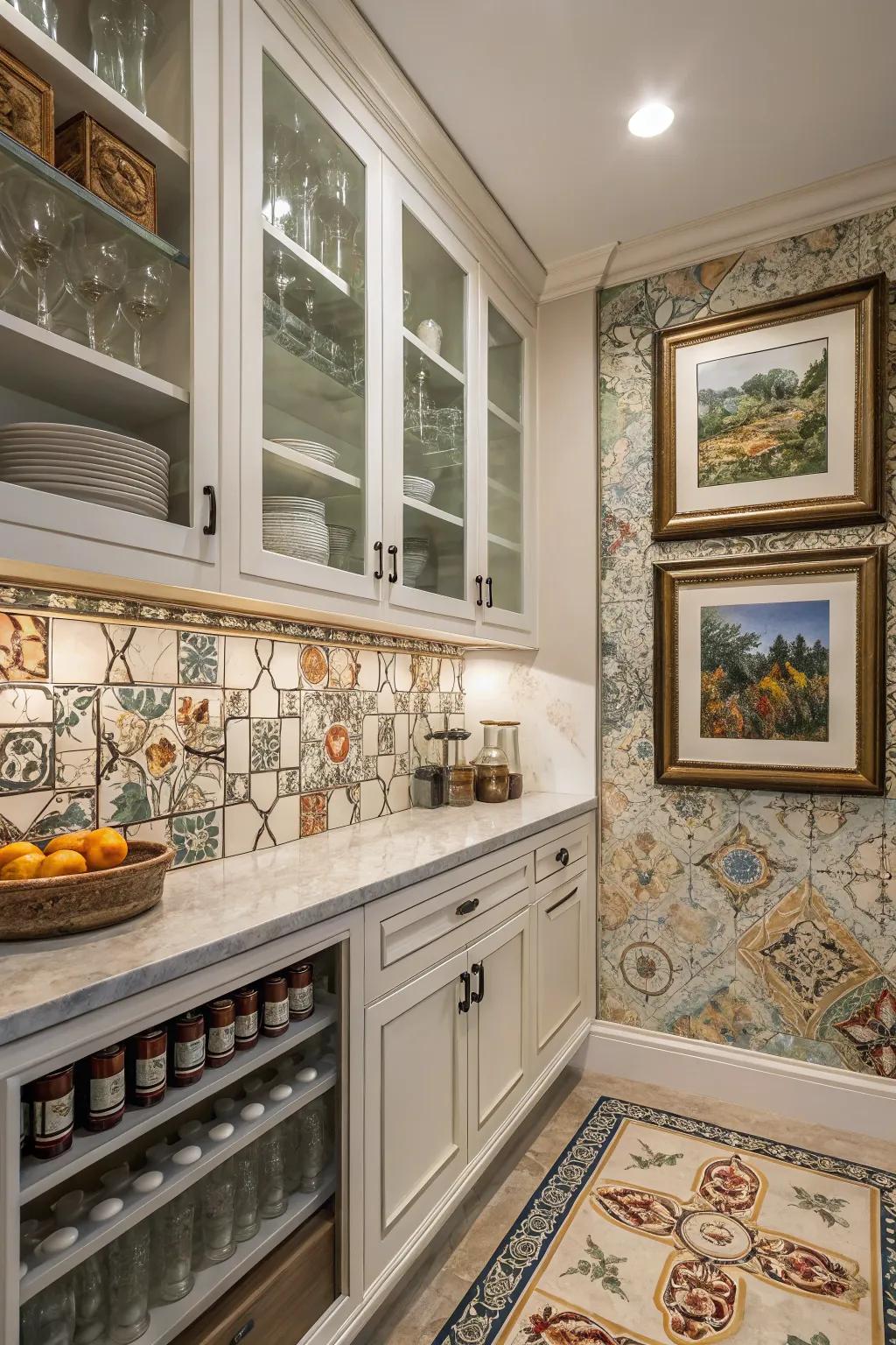 Aesthetic components contribute warmth and distinction to the pantry.