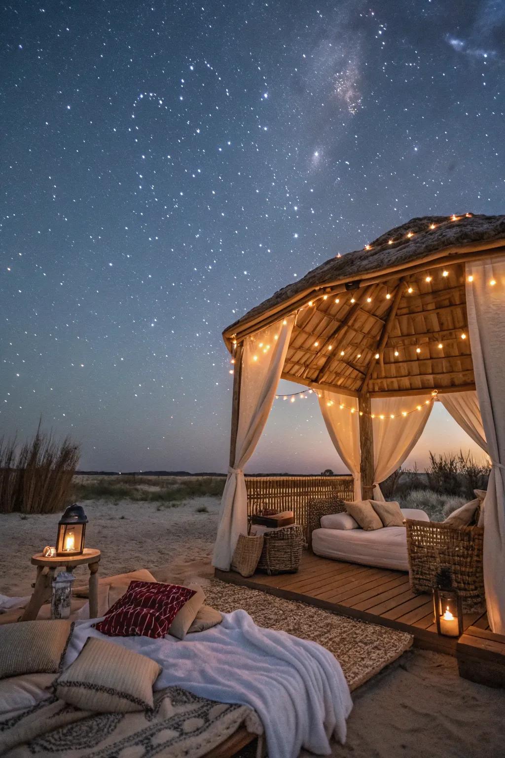 A dreamy cabana set up for celestial viewing beneath the stars.