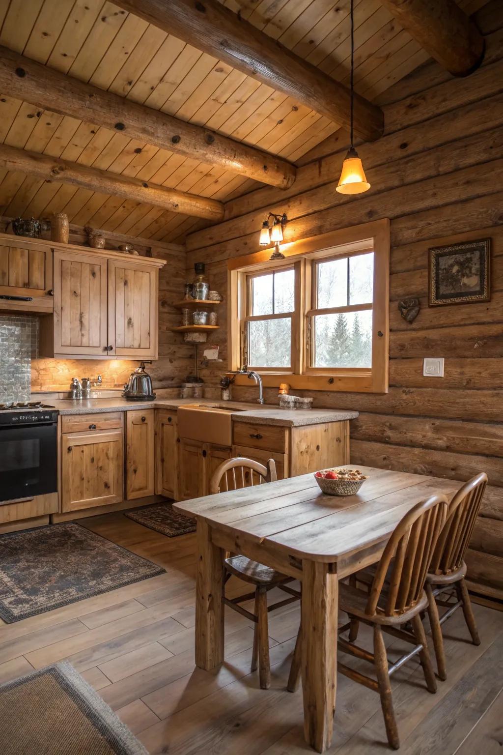 Natural shades complement the organic materials in a log cabin kitchen.