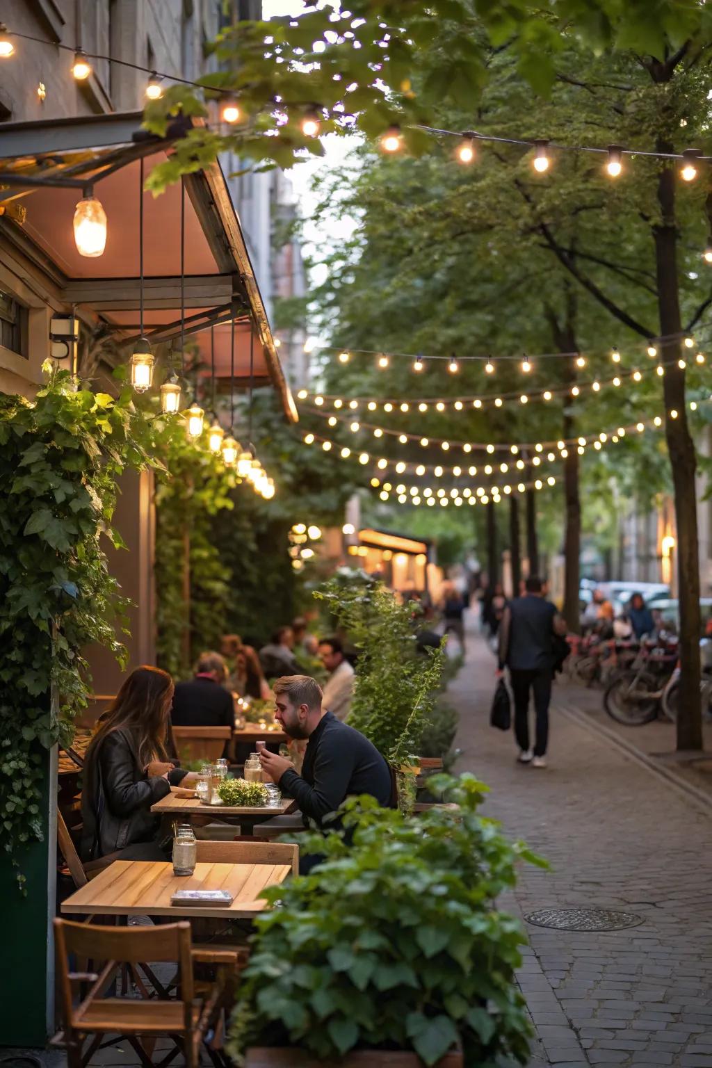A whimsical outdoor café space beautifully illuminated by party garland lights.