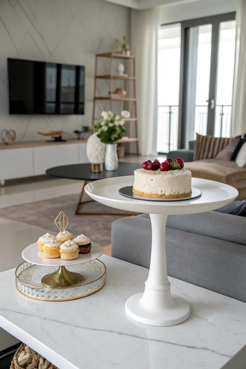 The minimalist cake stand design accentuates understated beauty.