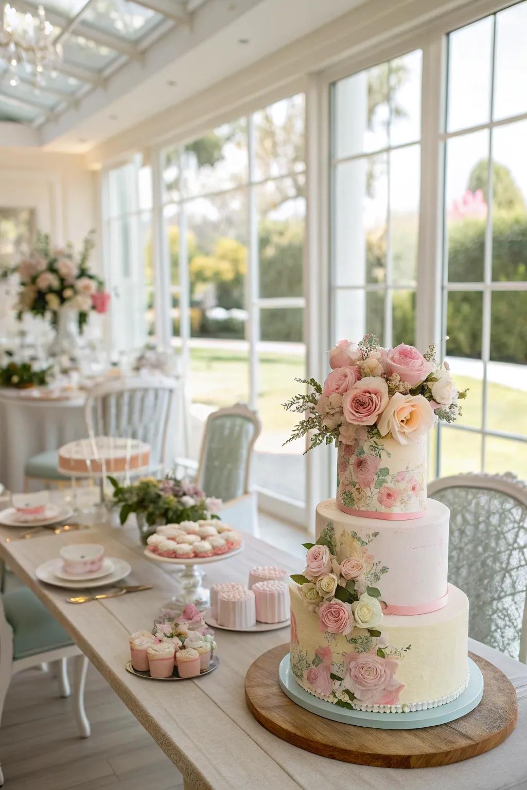 A cake display highlighting a pastel hue palette, erecting a comforting and inviting ambiance.