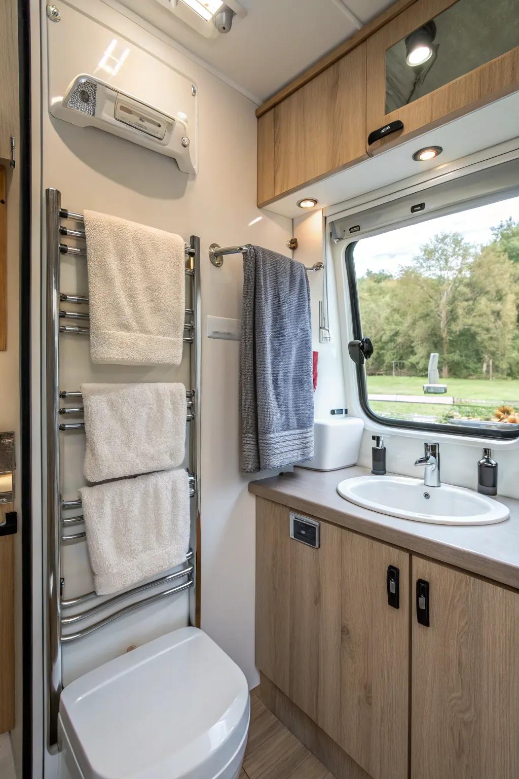 Fashionable towel racks in a camper van bathroom.