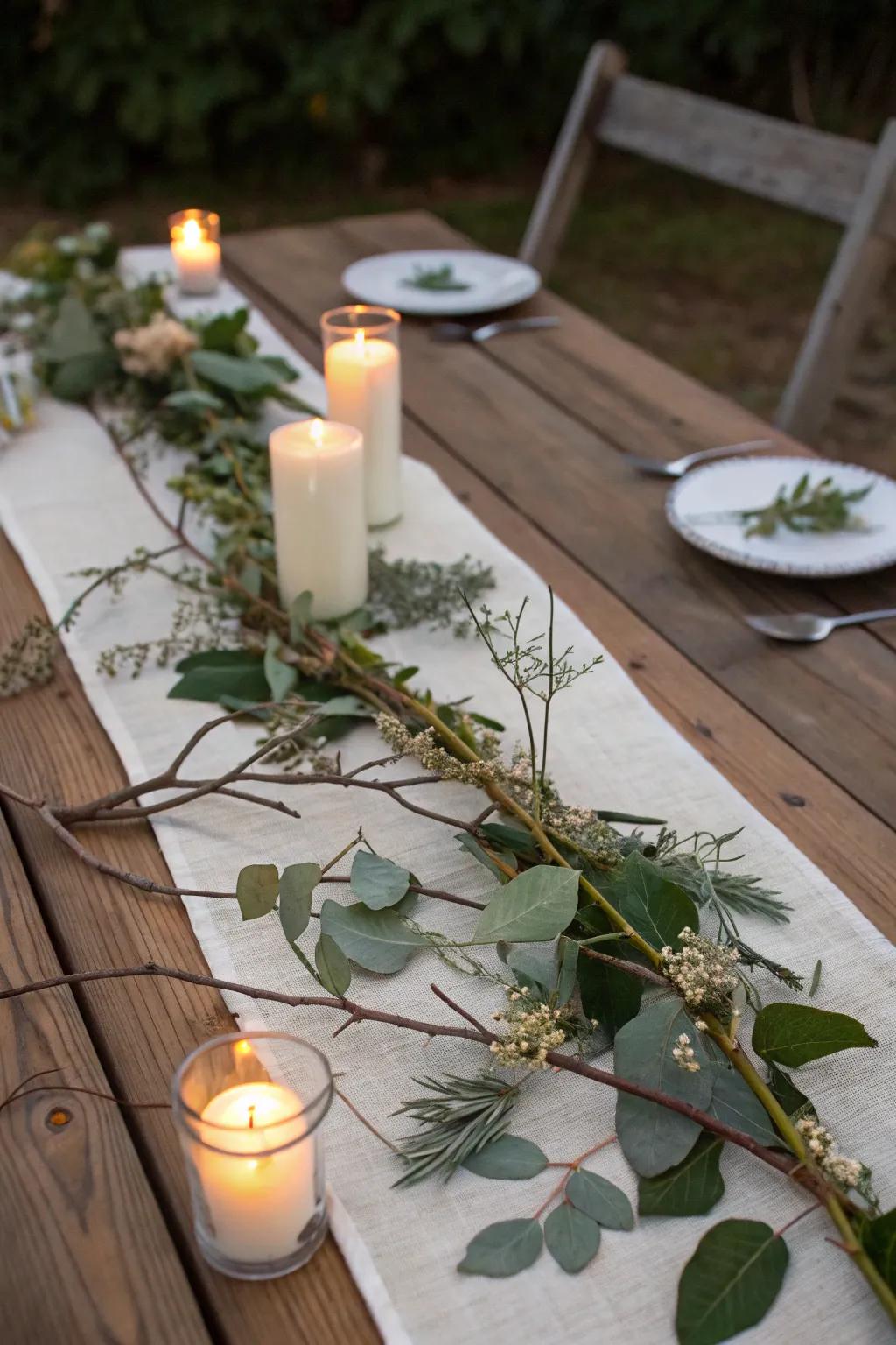A rustic table textile integrating natural components and luminaries.