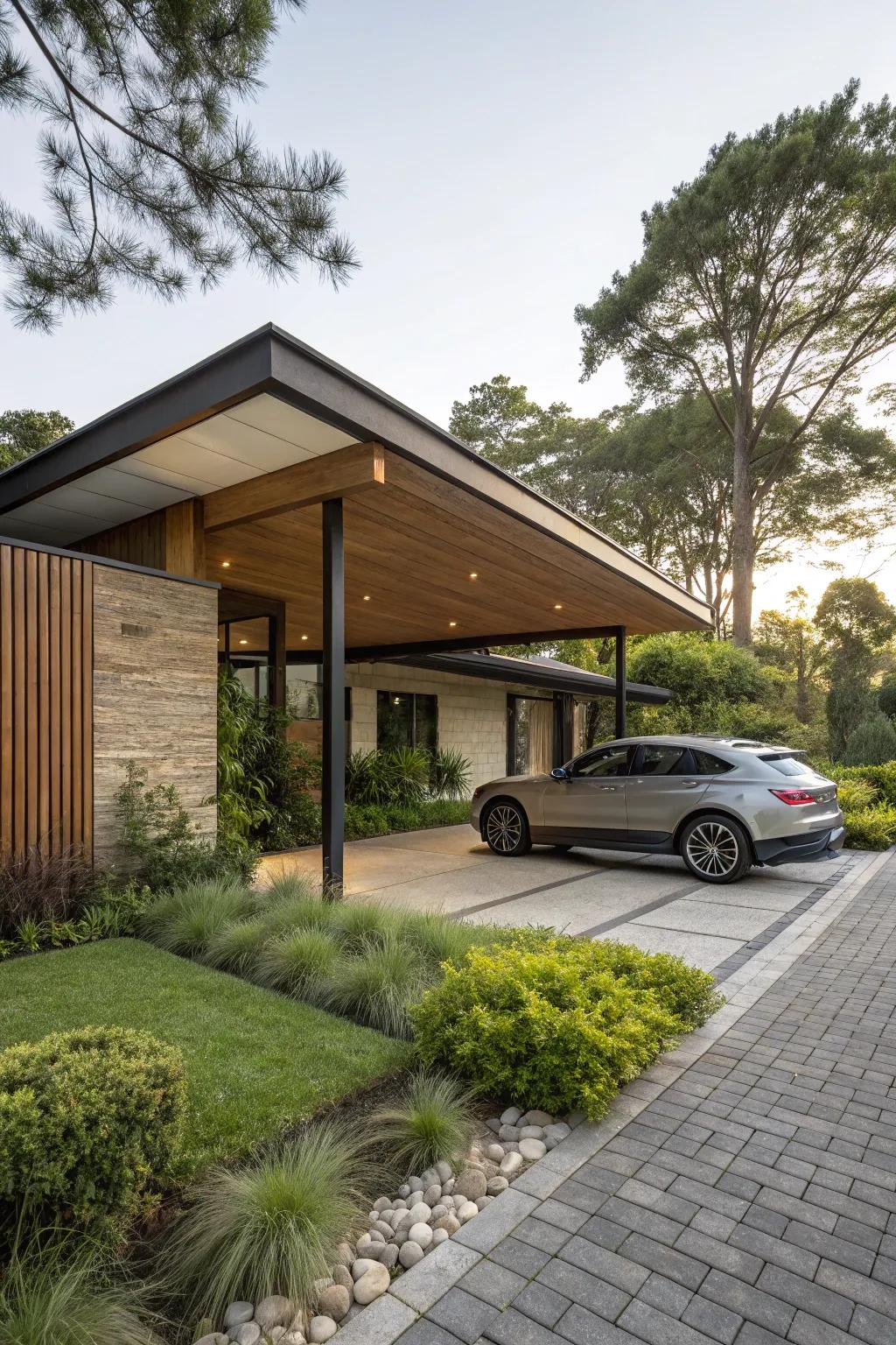 A carport that blends seamlessly with its surrounding environment.
