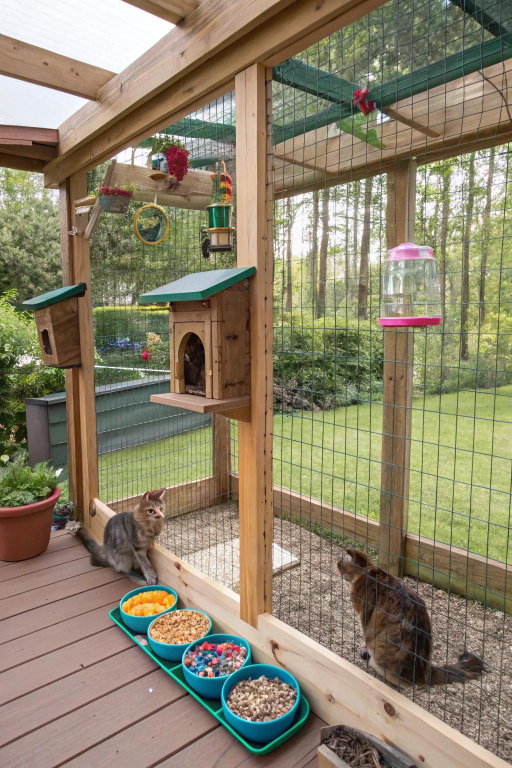 Interactive feeding stations within a catio, blending fun and nutrition for cats.