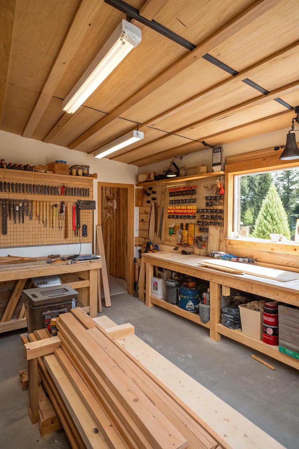 A well-equipped home workshop prepared for a DIY cedar ceiling installation.