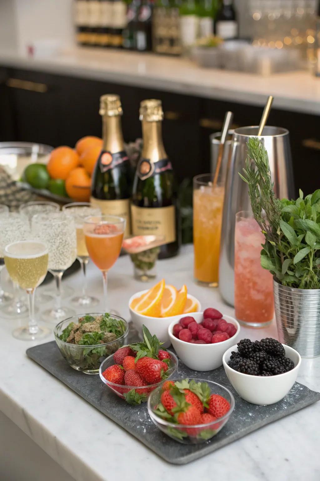 A DIY champagne cocktail bar for personalized toasts.
