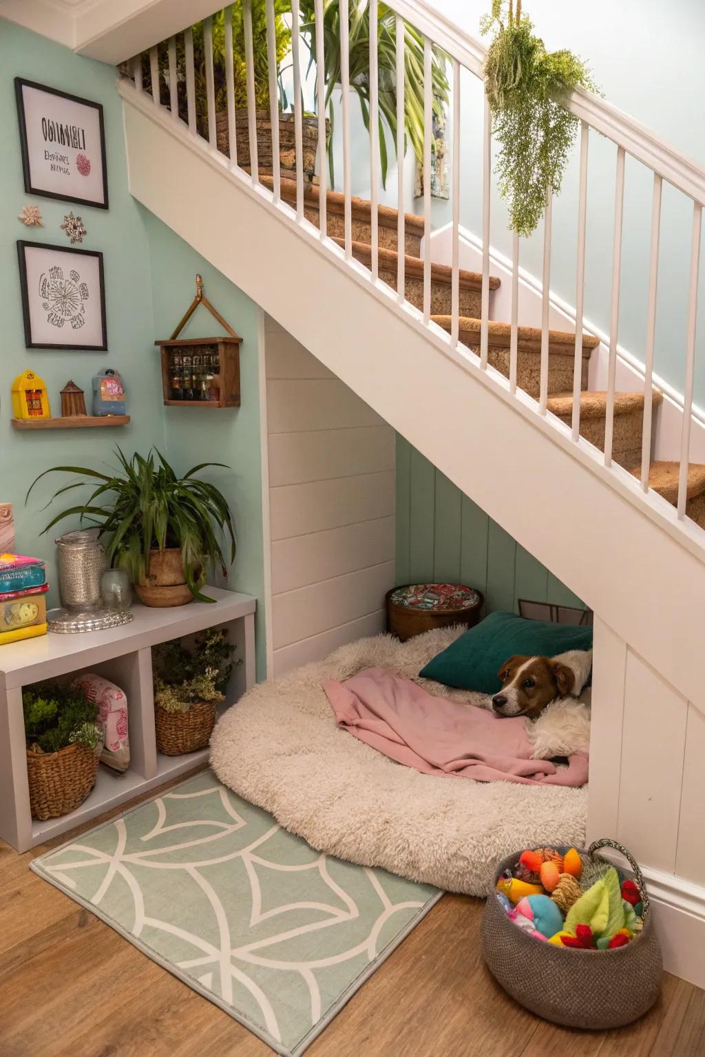 Utilize under-stairs space for a unique kennel nook.