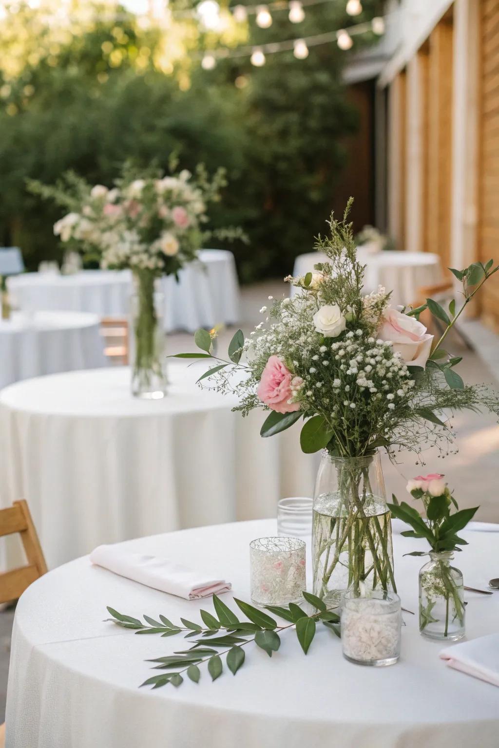 Sophisticated minimalist floral design for a chic wedding table.