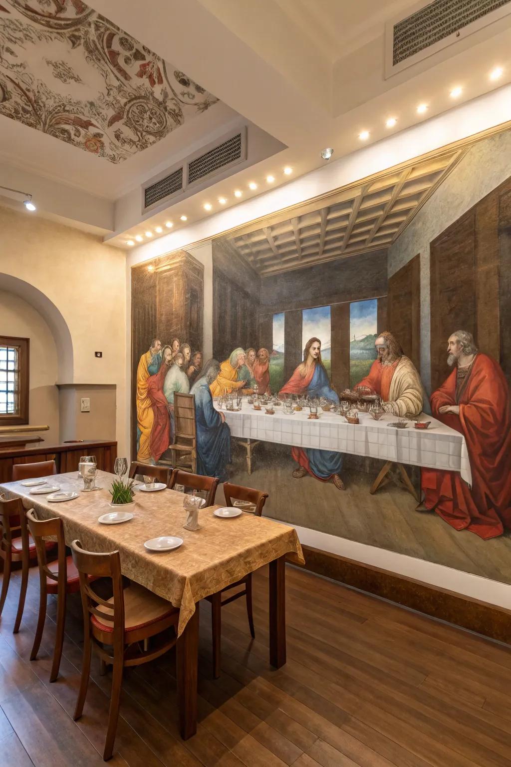 A religious vista mural establishes a compelling focal point in any setting.