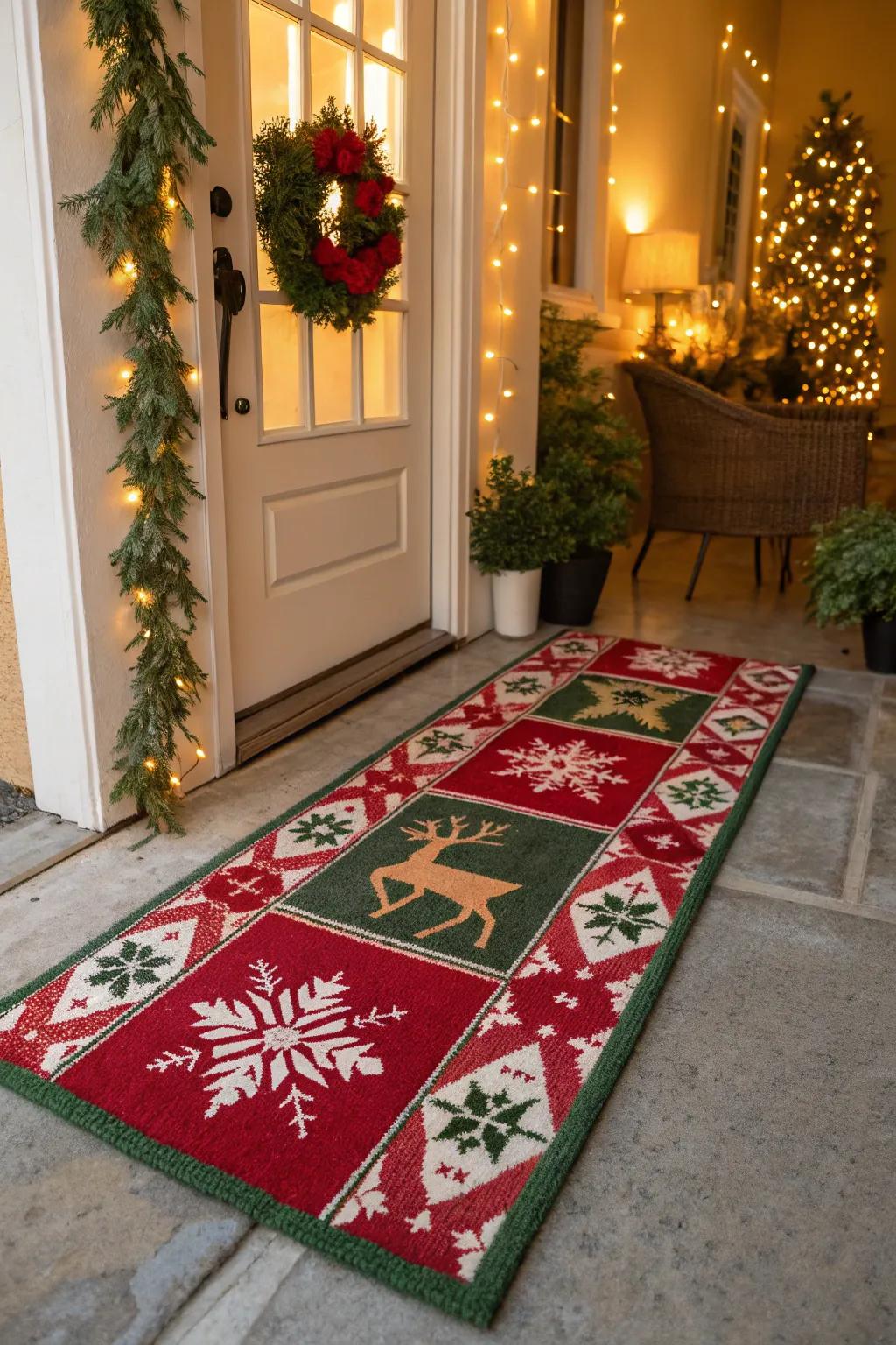 A festive rug adds color and warmth to the entryway.
