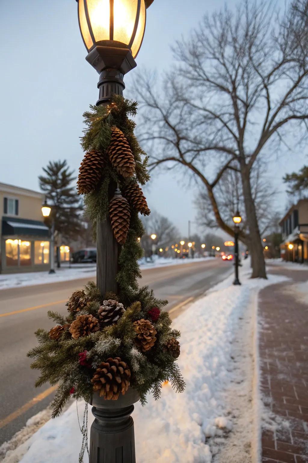A pinecone cluster brings rustic allure to a lamp post.