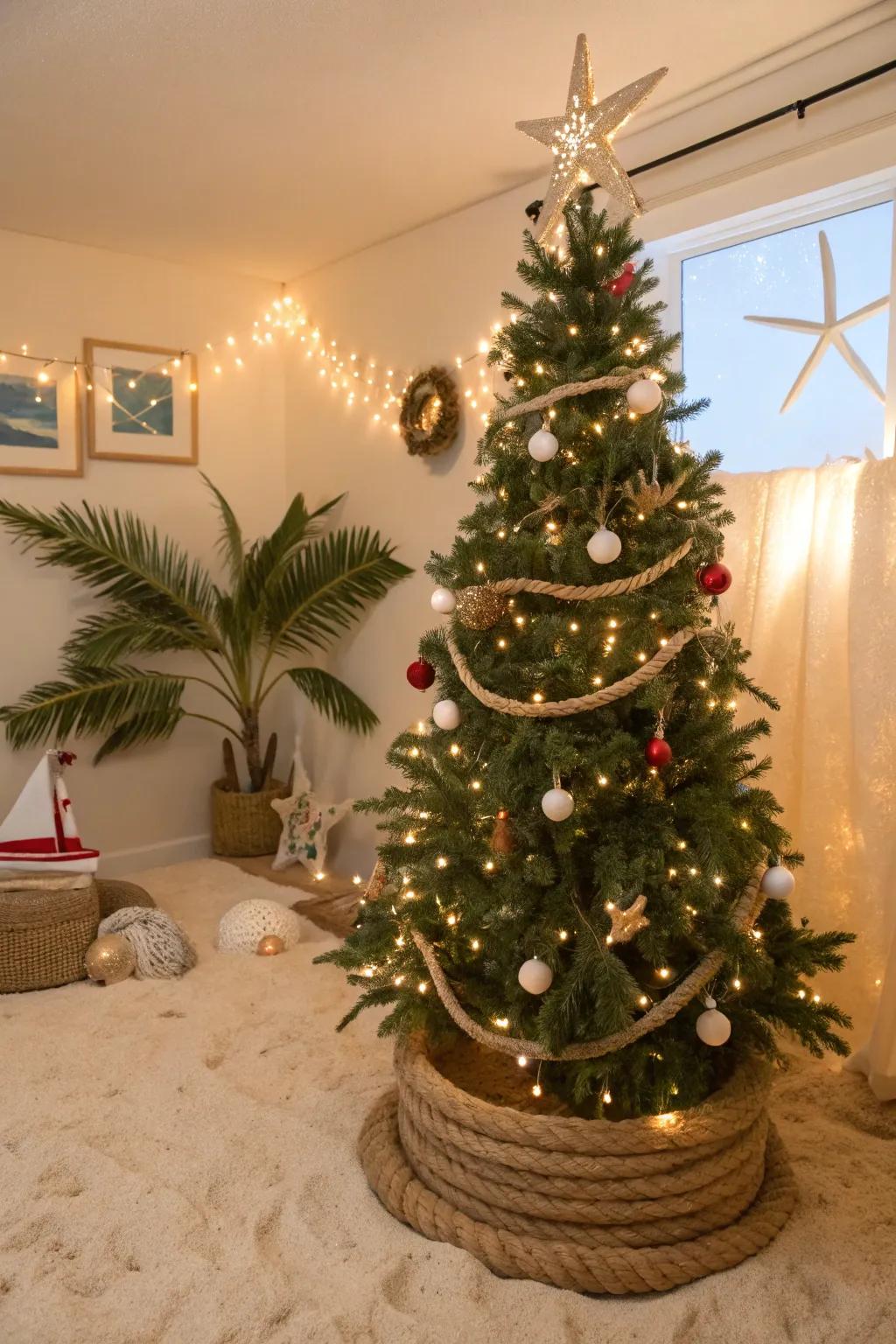 A cable collar introduces a nautical twist to your tree.