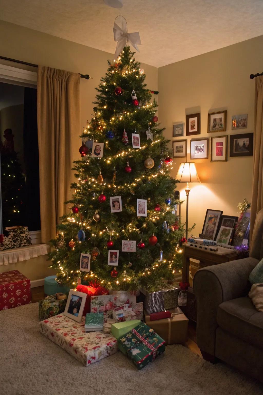 A personalized Christmas tree adorned with keepsakes and colorful lights, rendering it a heartwarming holiday centerpiece.