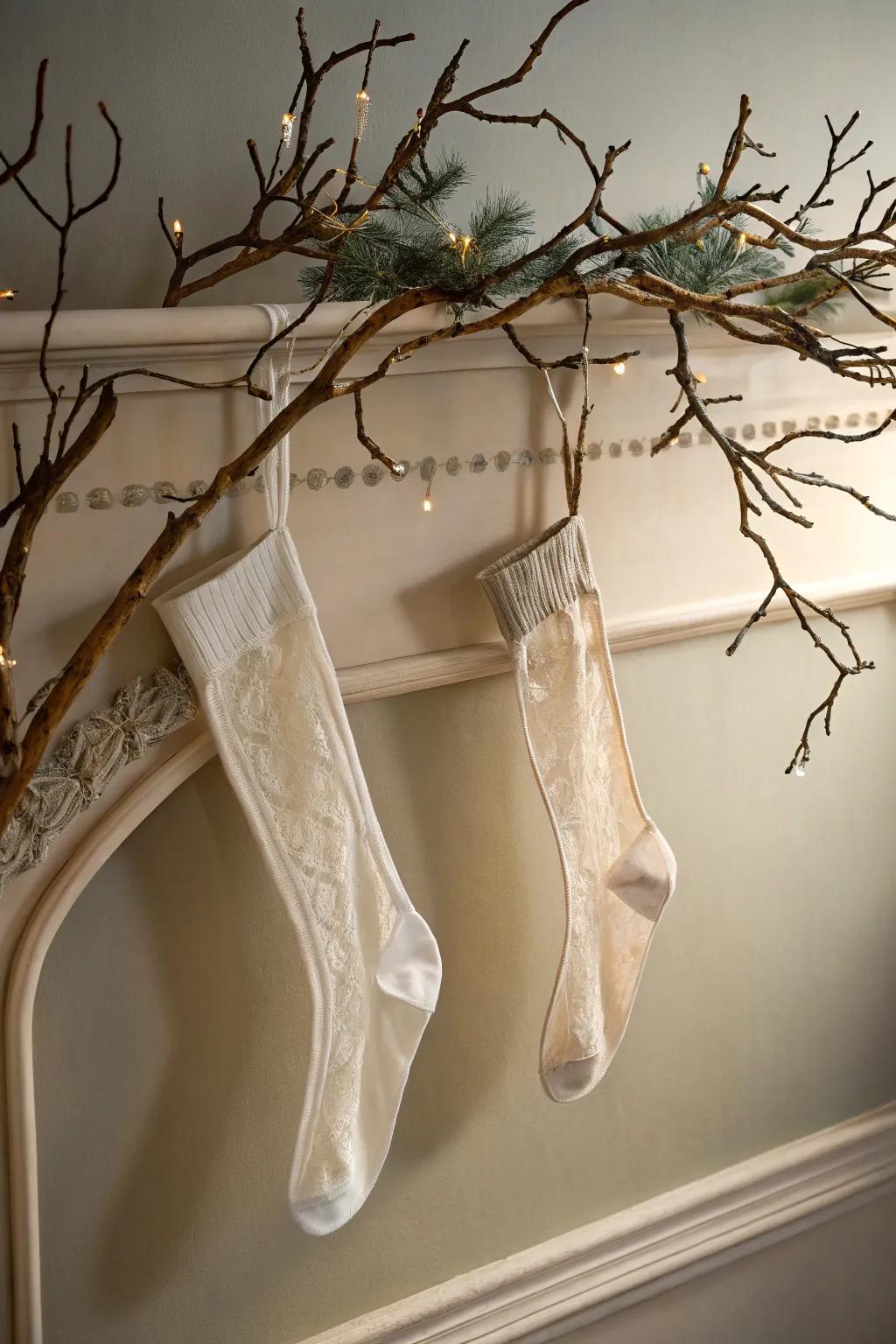 An artistic stocking display enhances wall's allure.