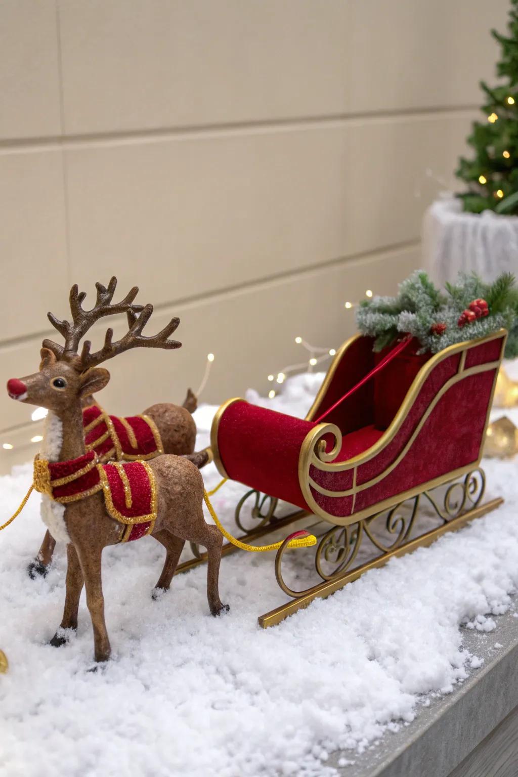 A playful Santa's sleigh display showcasing reindeer and snow.