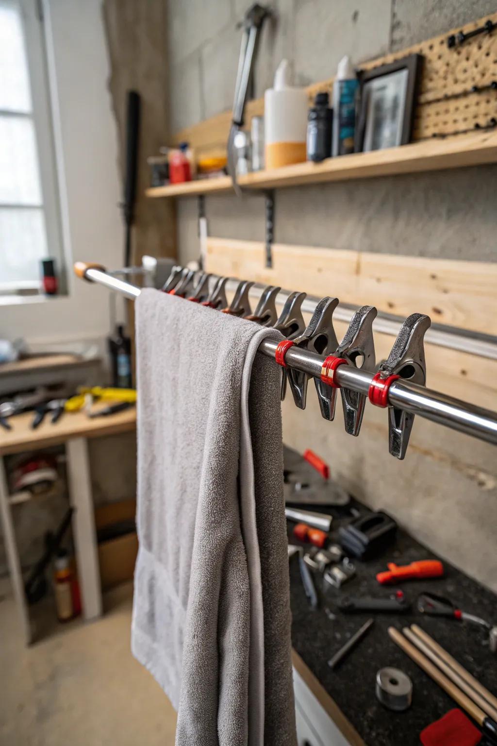 Cloth hangers serve as an ingenious repurposed clamp storage solution.