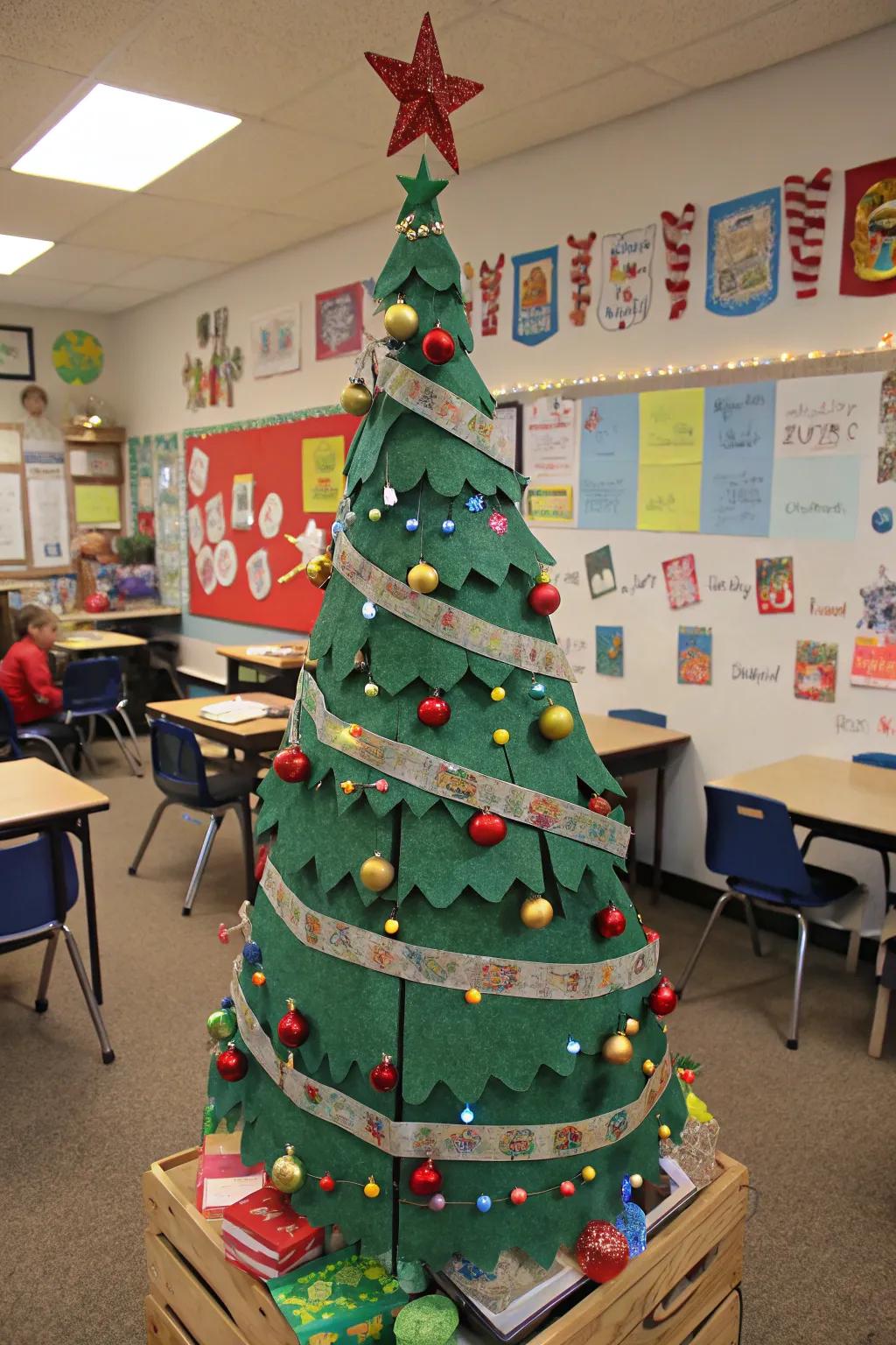 A creative artisanal stick holiday tree in a classroom setting