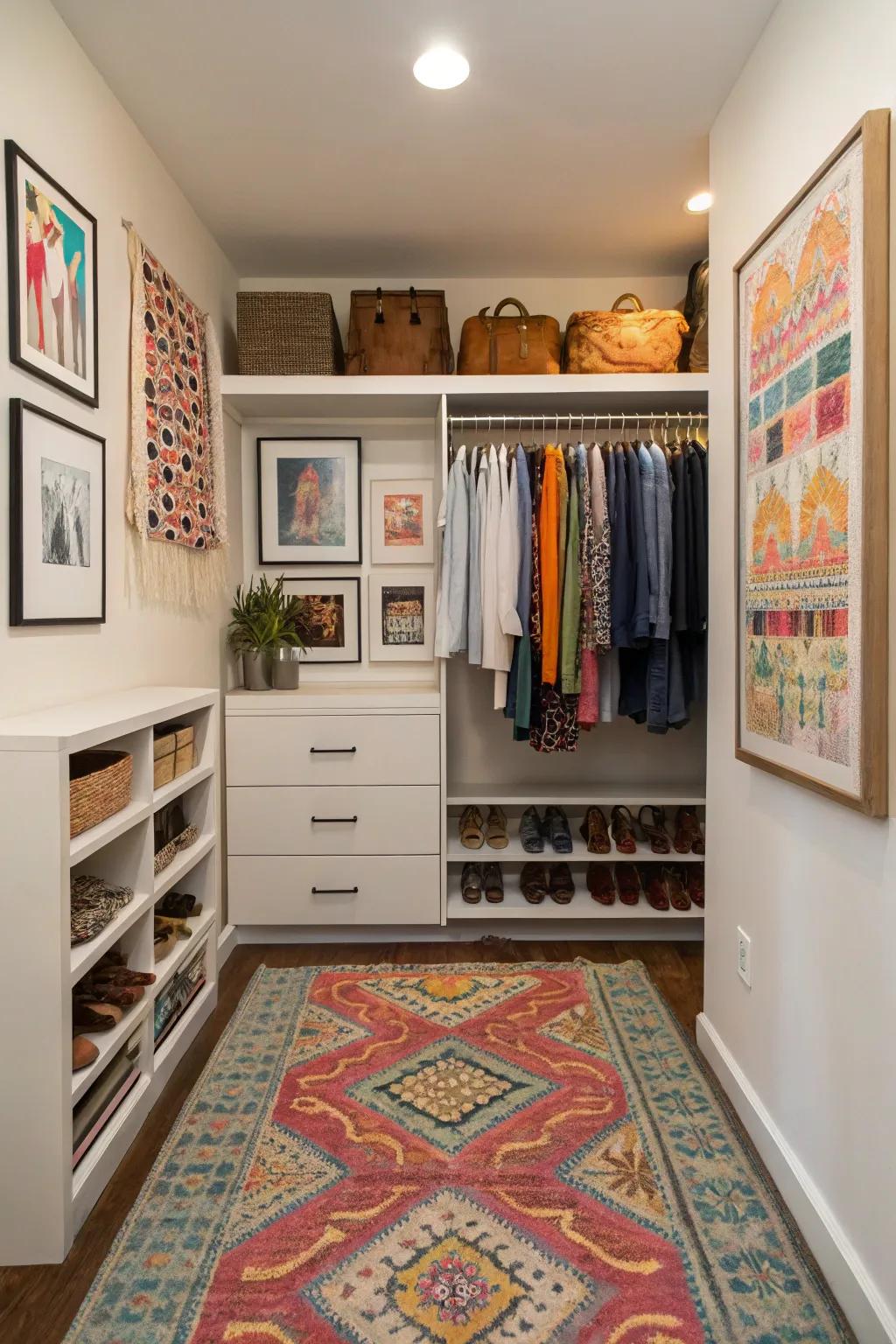 The infusion of decorative elements personalizes the closet space.