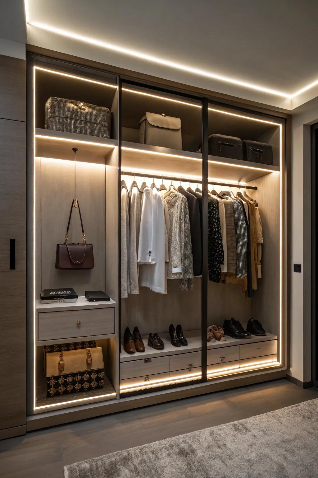 Hidden illumination adds a gentle and dramatic element to your closet atmosphere.