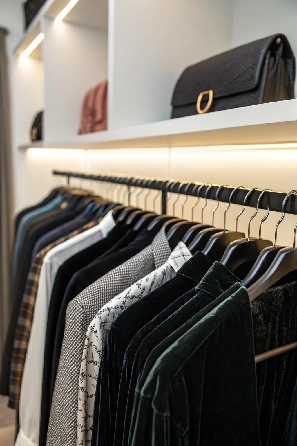 Maximize your closet space by utilizing slim hangers.