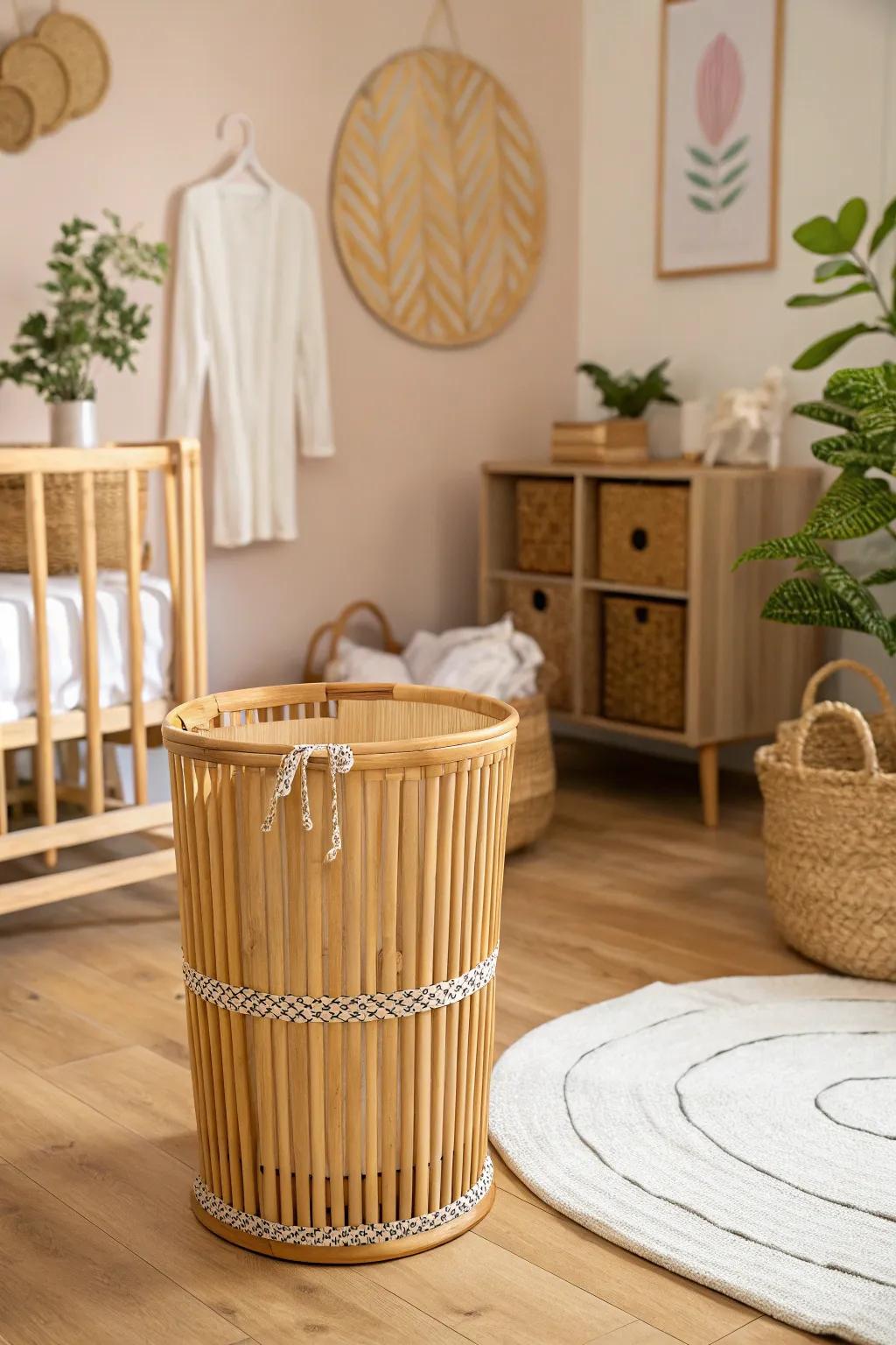 A bamboo bin presents a sustainable and antibacterial option for cloth diaper storage.