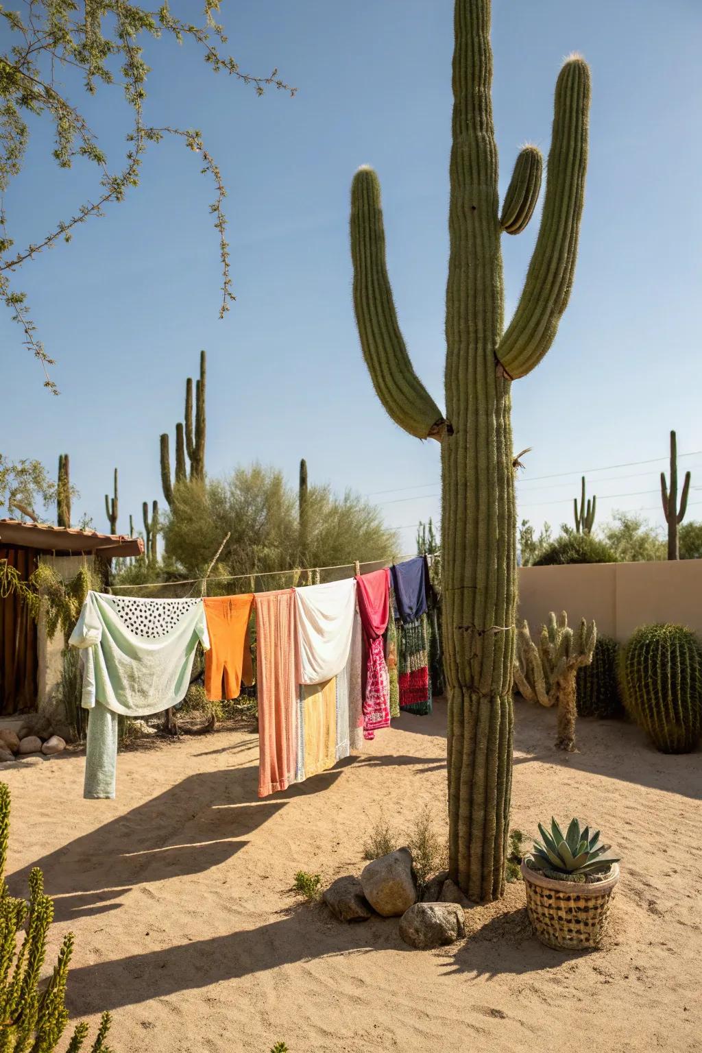 An artistic clothesline shaped like a cactus for an entertaining twist.