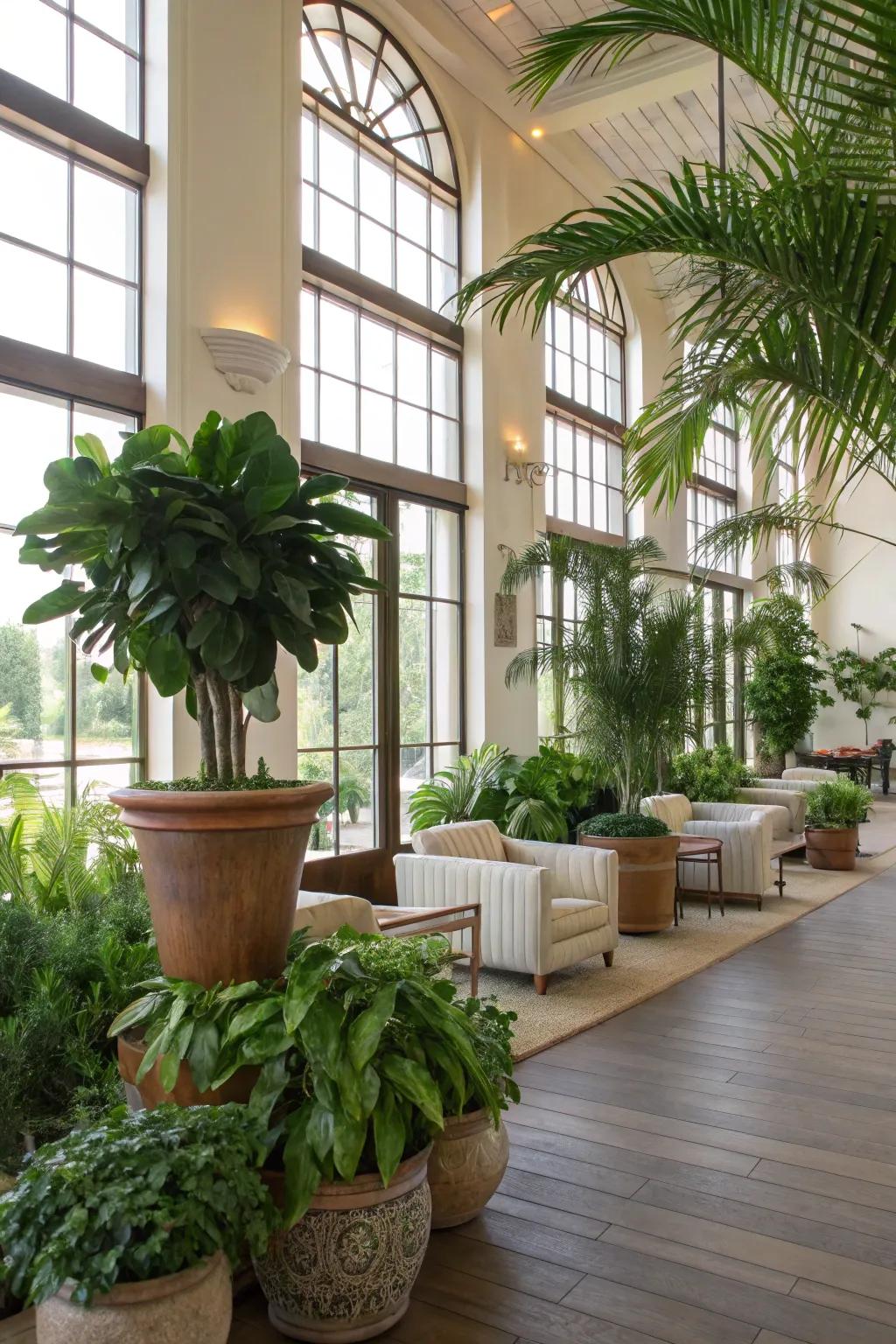 Verdant spaces with indoor flora invigorating a clubhouse.