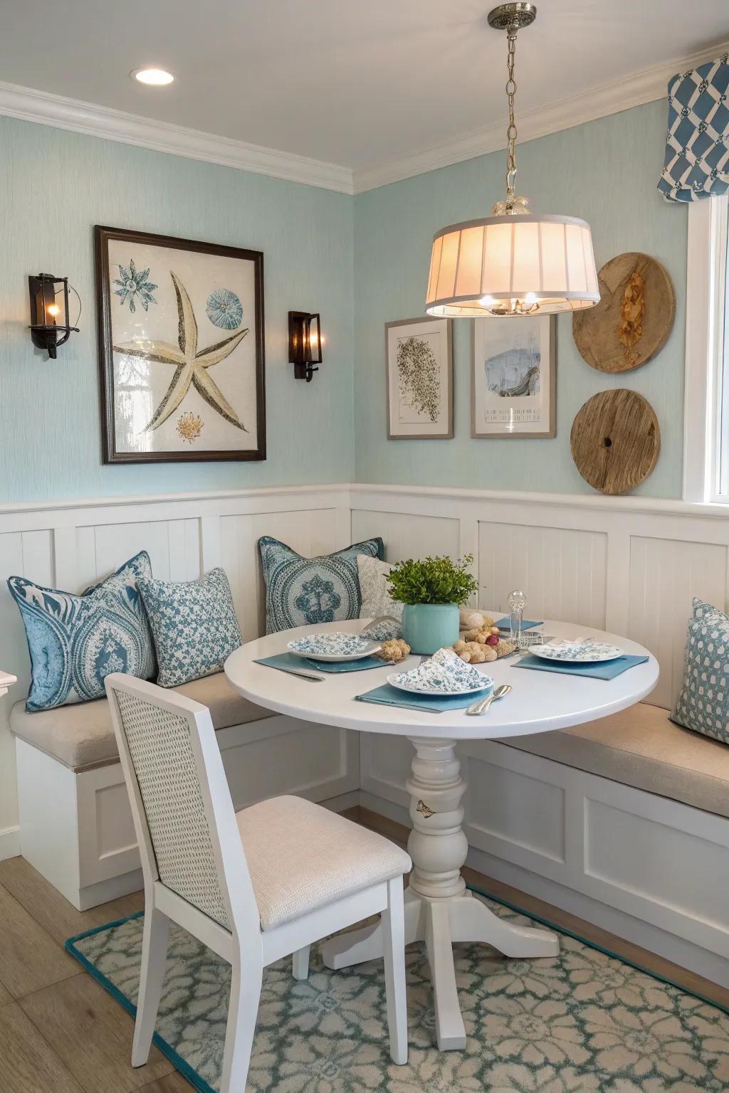 Banquette seating establishes a snug nook in the dining space.