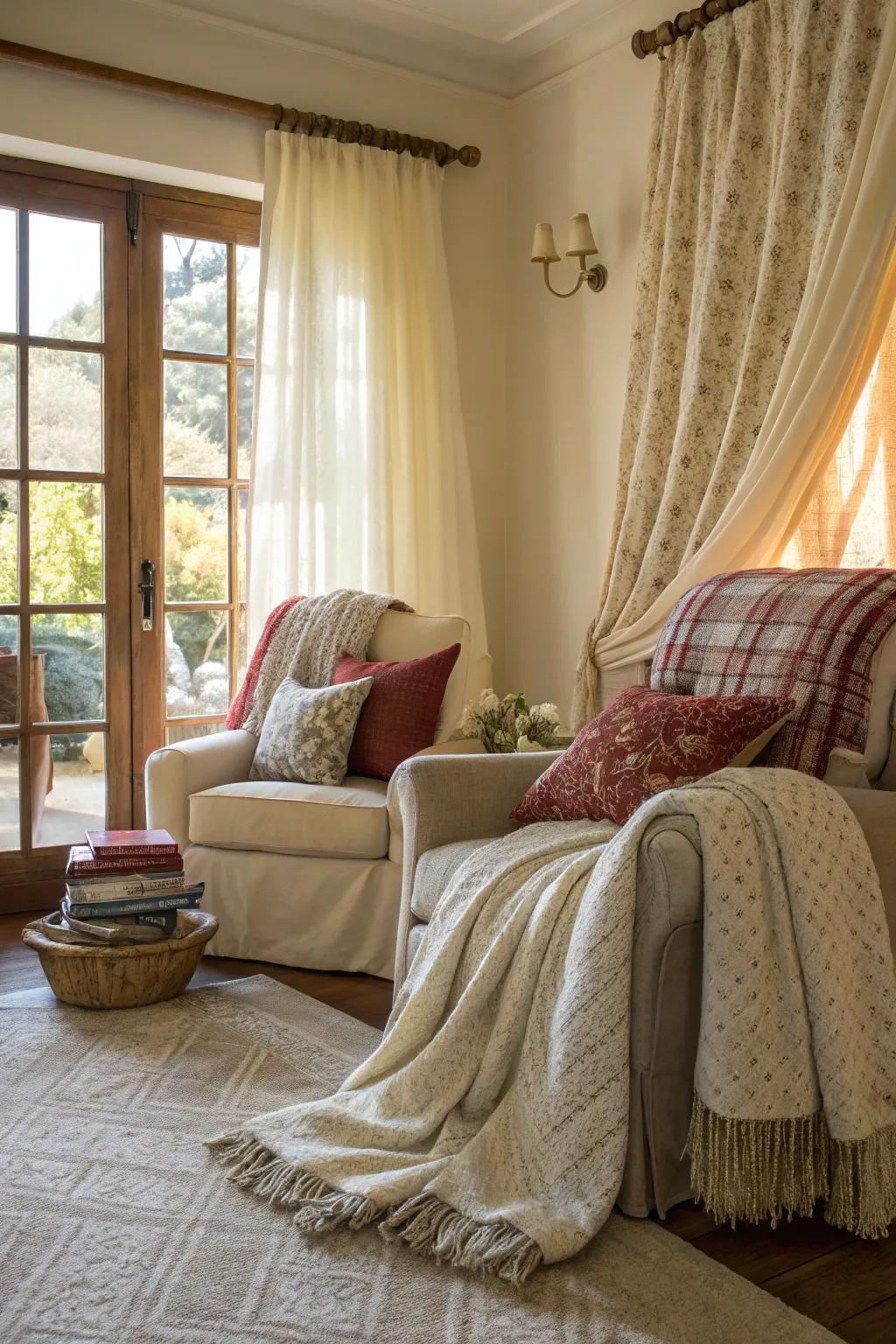 Textured fabrics contribute depth and comfort to coastal farmhouse decor.